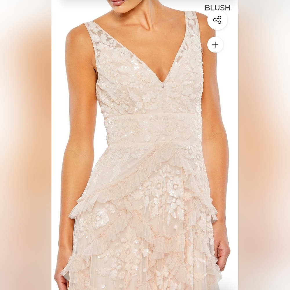 Sequined Scallop Ruffle Tiered V Neck Gown, Blush, Size‎ 16 - Picture 3 of 16
